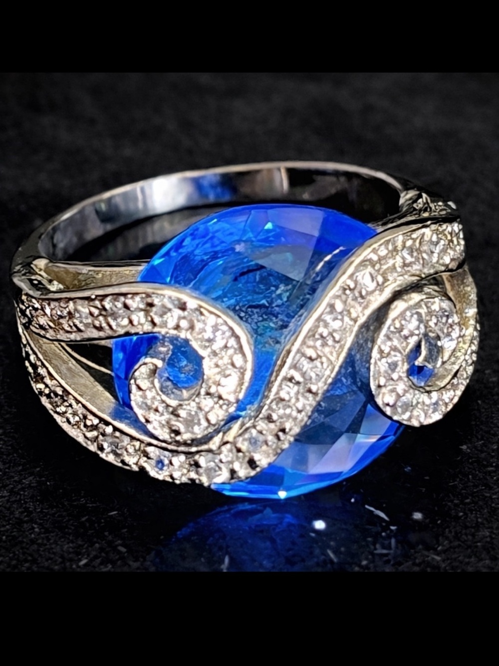 Suzanne Somers vintage bright blue topaz CZ swirl cocktail ring sterling silver